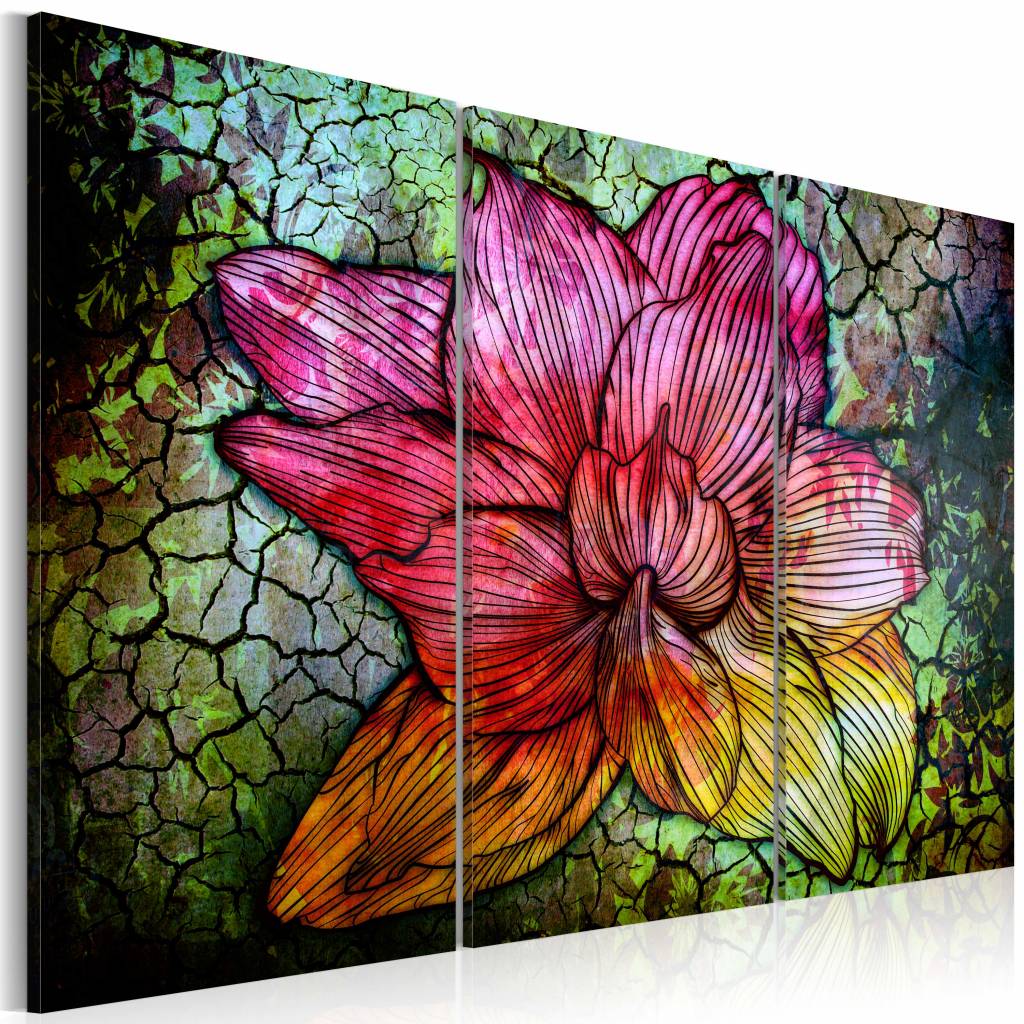 Schilderij - Glas in lood look , bloem , roze groen , 3 luik, print op echt Italiaans canvas, prachtige kleuren