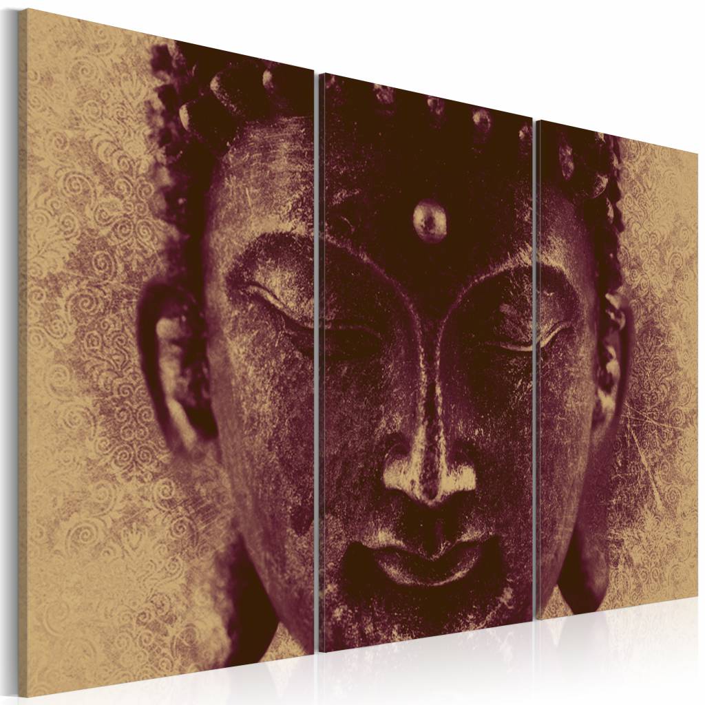 Schilderij - Boeddha , 3 luik, gezicht van, print op echt Italiaans canvas, in 3 maten, wanddecorati