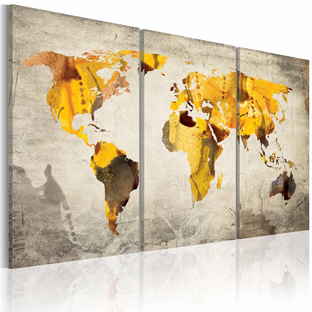 Schilderij - Wereldkaart - Zonnige Continenten, Geel/Grijs, 3luik , premium print op echt Italiaans canvas canvas , wanddecoratie