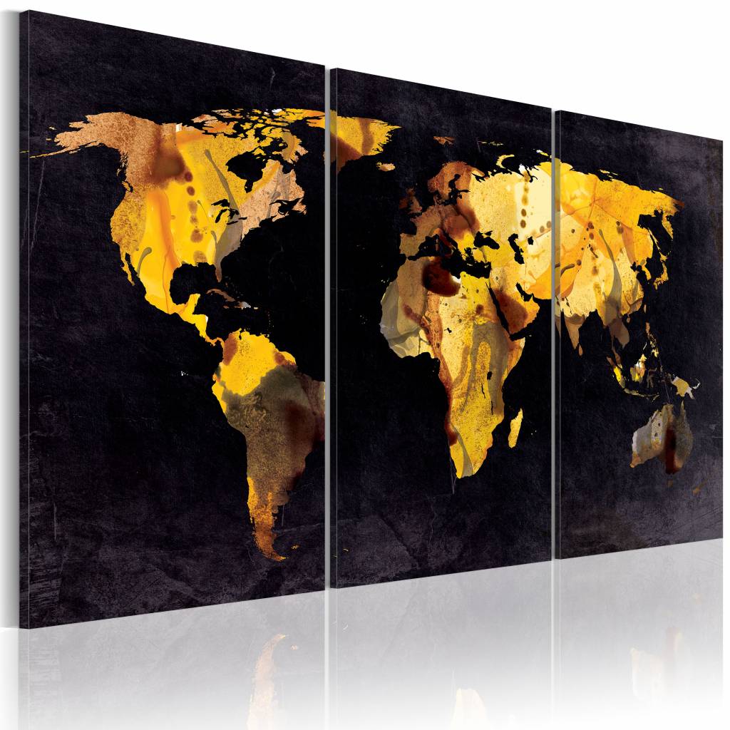 Schilderij - Wereldkaart - Drijfzand, Goud/Zwart, 3luik , premium print op echt Italiaans canvas , w