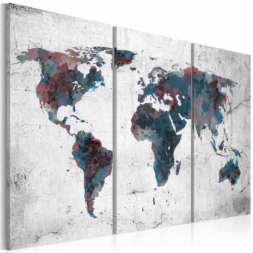 Schilderij - Wereldkaart - Continenten, 3luik , premium print op echt Italiaans canvas, voor woonkam