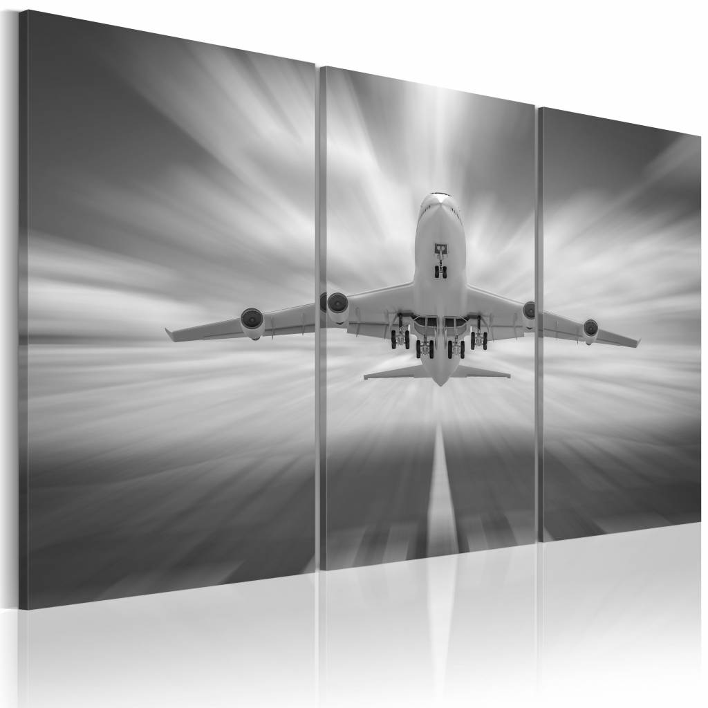 Schilderij - Vliegtuig in de richting van de wolken, 3 luik, Grijs/Wit, 3 maten, Premium print op ec