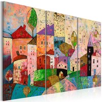 Schilderij - Pittoreske kleine stad, 3luik, Multikleur, print op echt Italiaans canvas, voor woonkamer, slaapkamer en kinderkamer