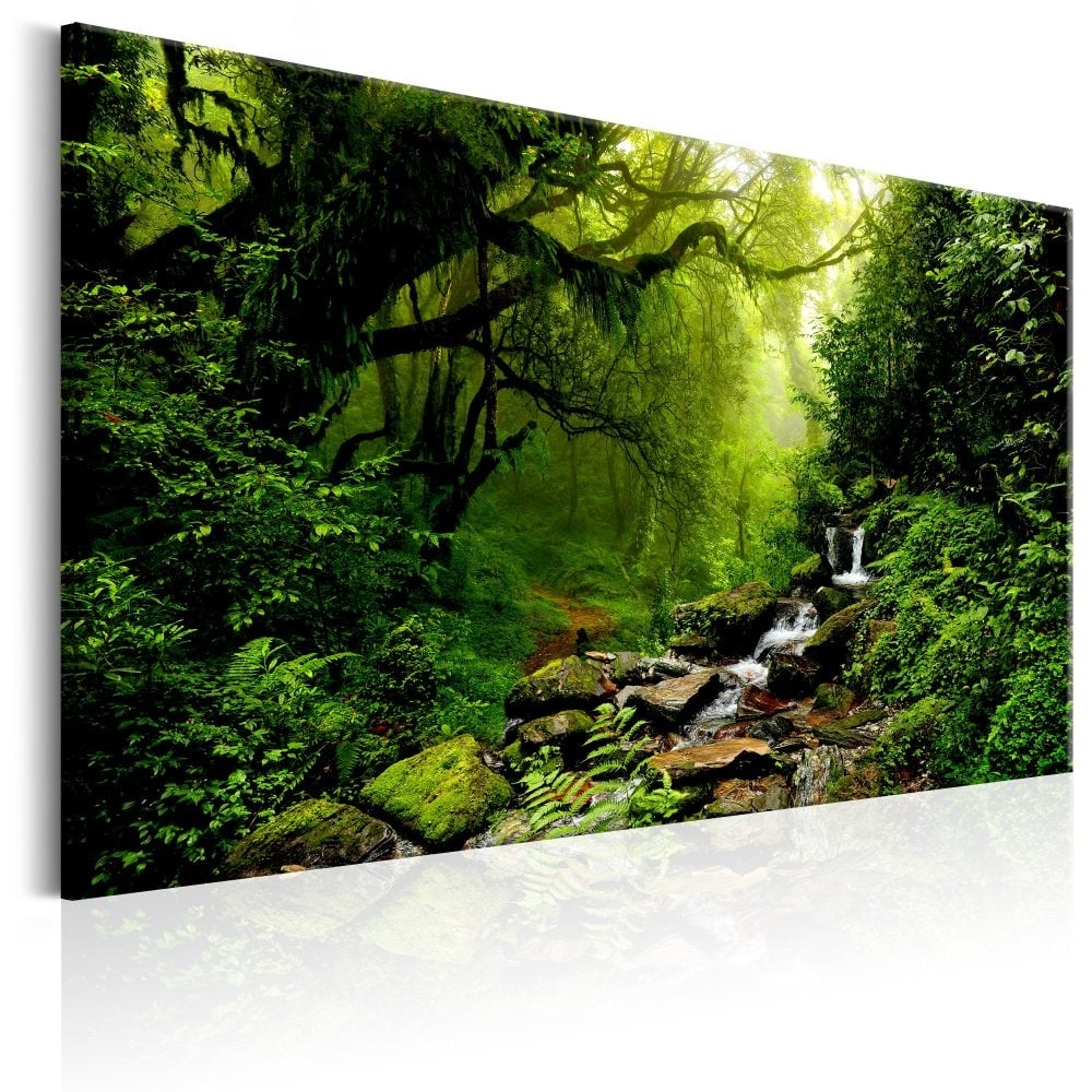 Schilderij - Waterval in een Bos, Groen , print op echt Italiaans canvas, Natuur, wanddecoratie in 2 maten