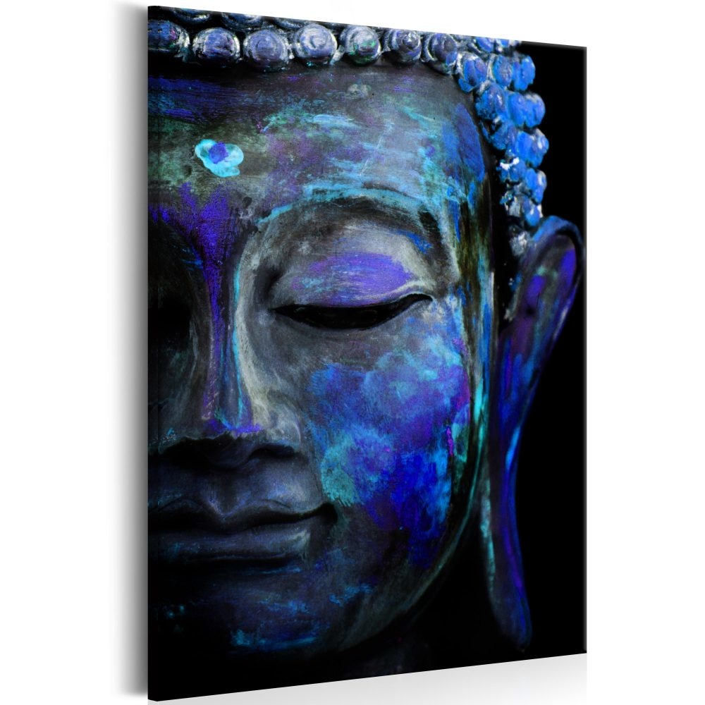 Schilderij - Blauwe Boeddha, print op echt Italiaans canvas, in 2 maten, wanddecoratie, verticaal sc