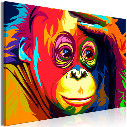 Schilderij - Kleurrijke Orang-Oetan, print op echt Italiaans canvas, multikleuren, wanddecoratie, 2 maten