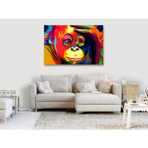 Schilderij - Kleurrijke Orang-Oetan, print op echt Italiaans canvas, multikleuren, wanddecoratie, 2 maten