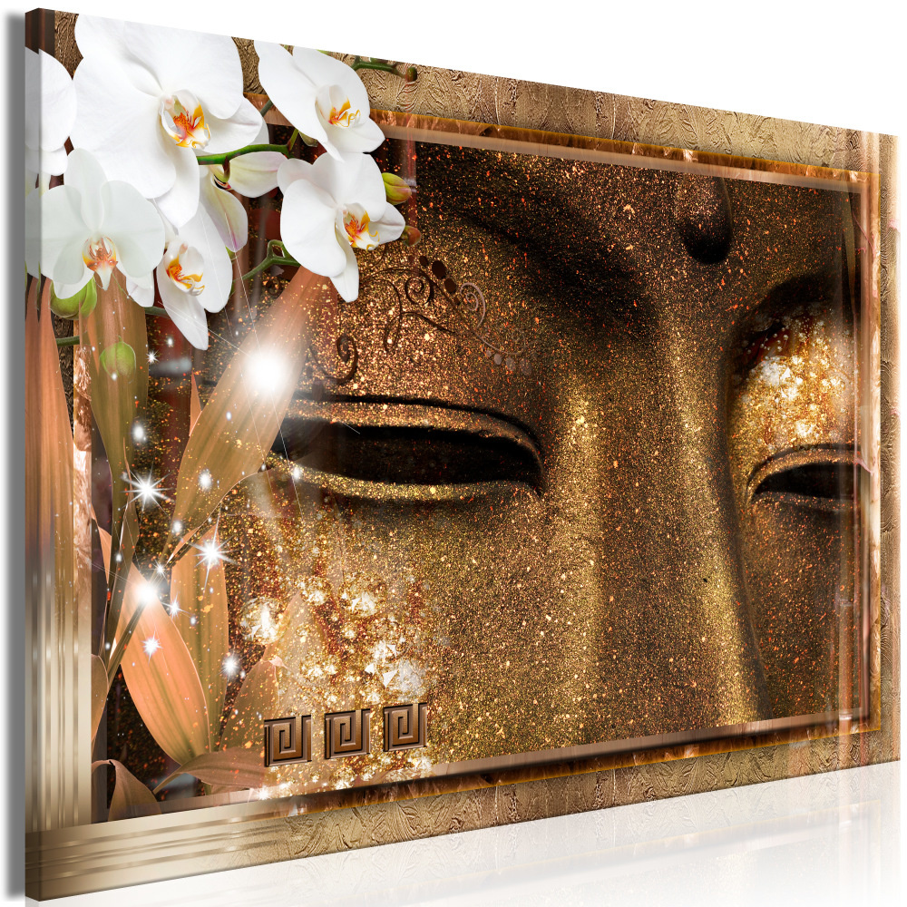 Schilderij - De ogen van Boeddha met orchideen, print op echt Italiaans canvas, Boeddha in het kade
