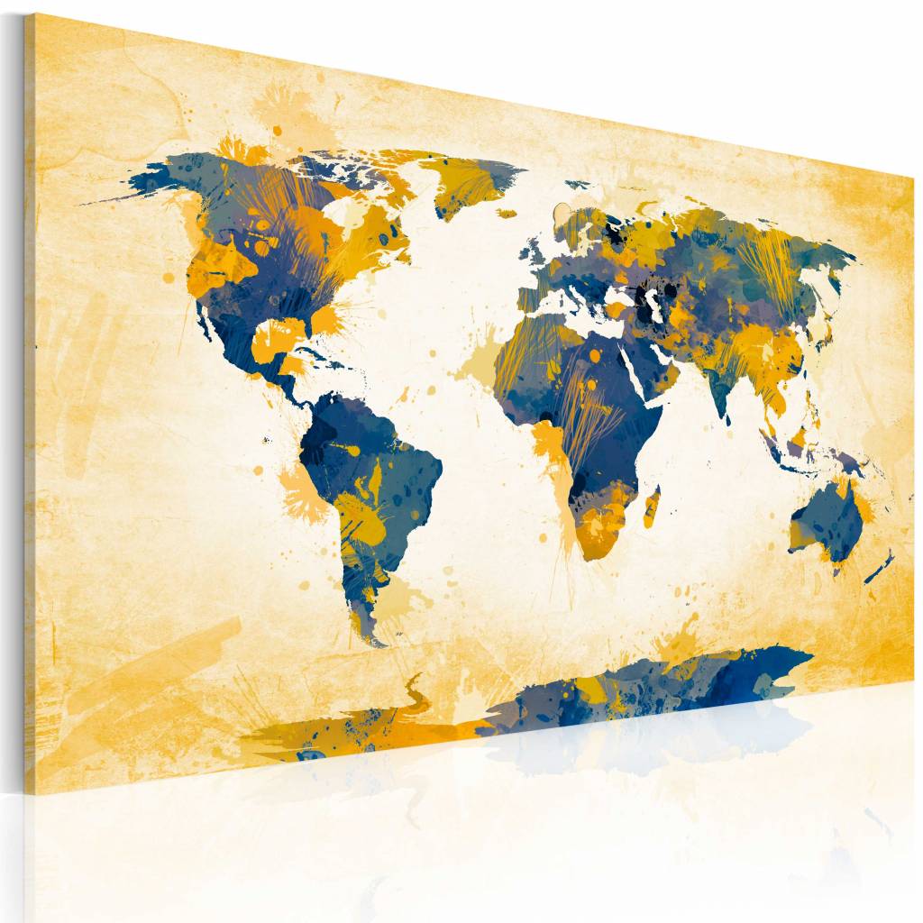 Schilderij - Wereldkaart - Wereld in Geel en Blauw , wanddecoratie , premium print op echt Italiaans