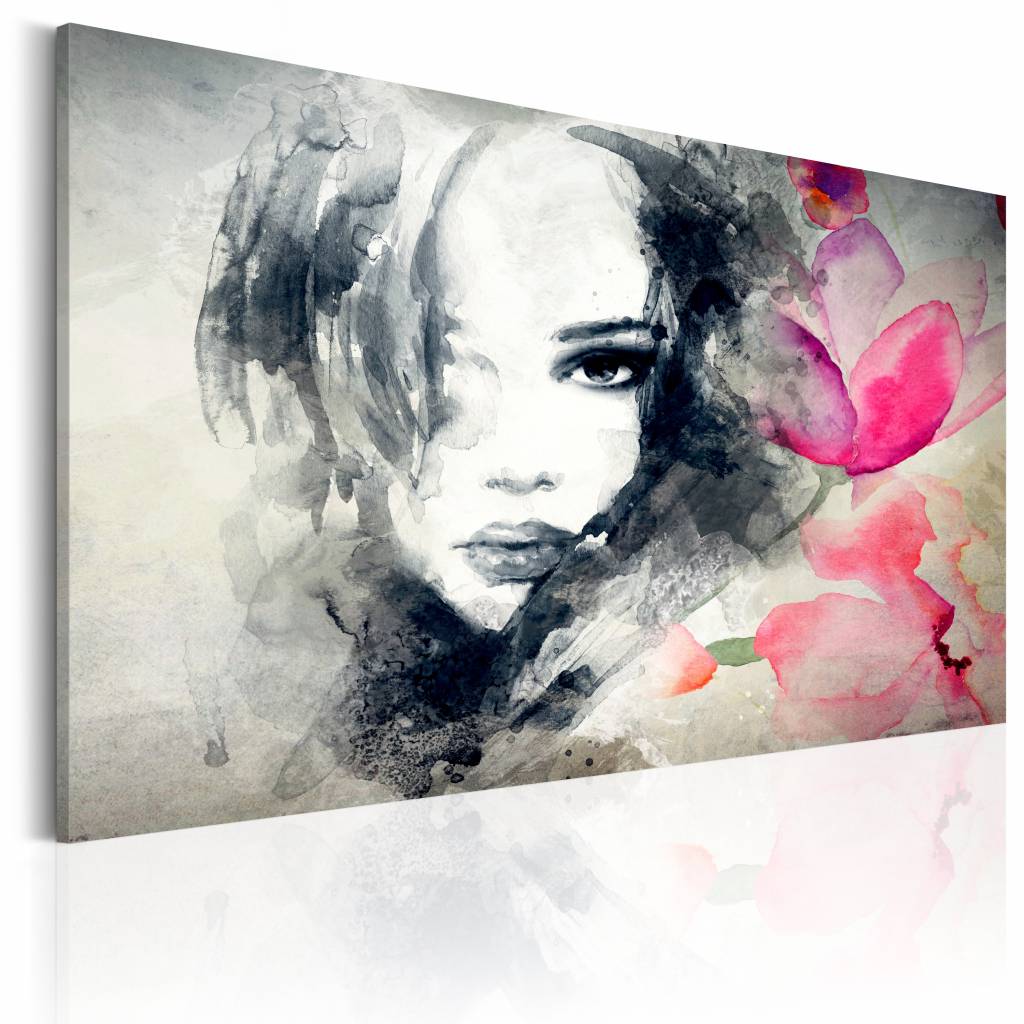 Schilderij - Mysterious Look, Grijs/Roze, premium print op echt Italiaans canvas, vrouw, in 3 maten