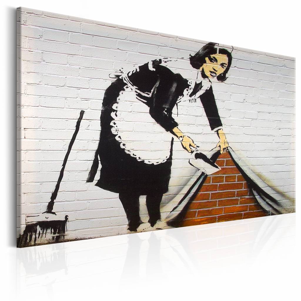 Schilderij - Banksy - Werkster , zwart wit , wanddecoratie , premium print op echt Italiaans canvas,