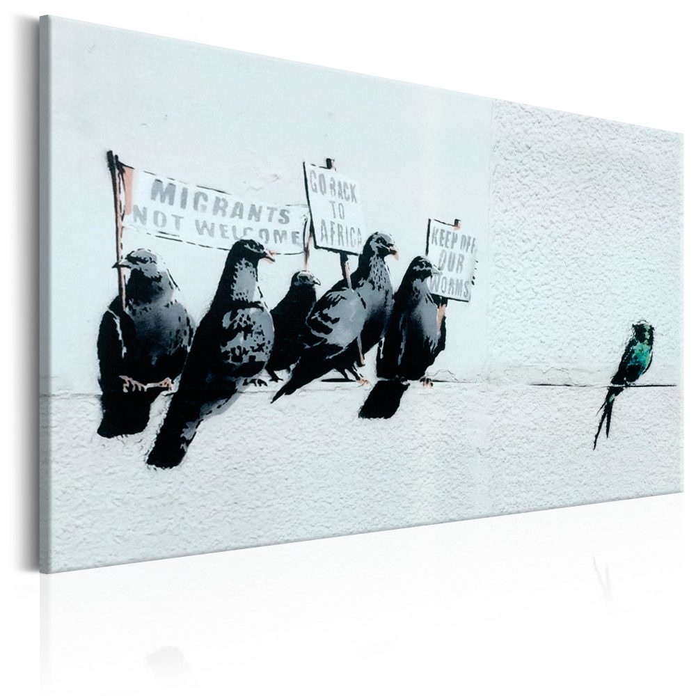 Schilderij - Protesterende Vogels , Banksy, print op echt Italiaans canvas, zeer actueel schilderij 