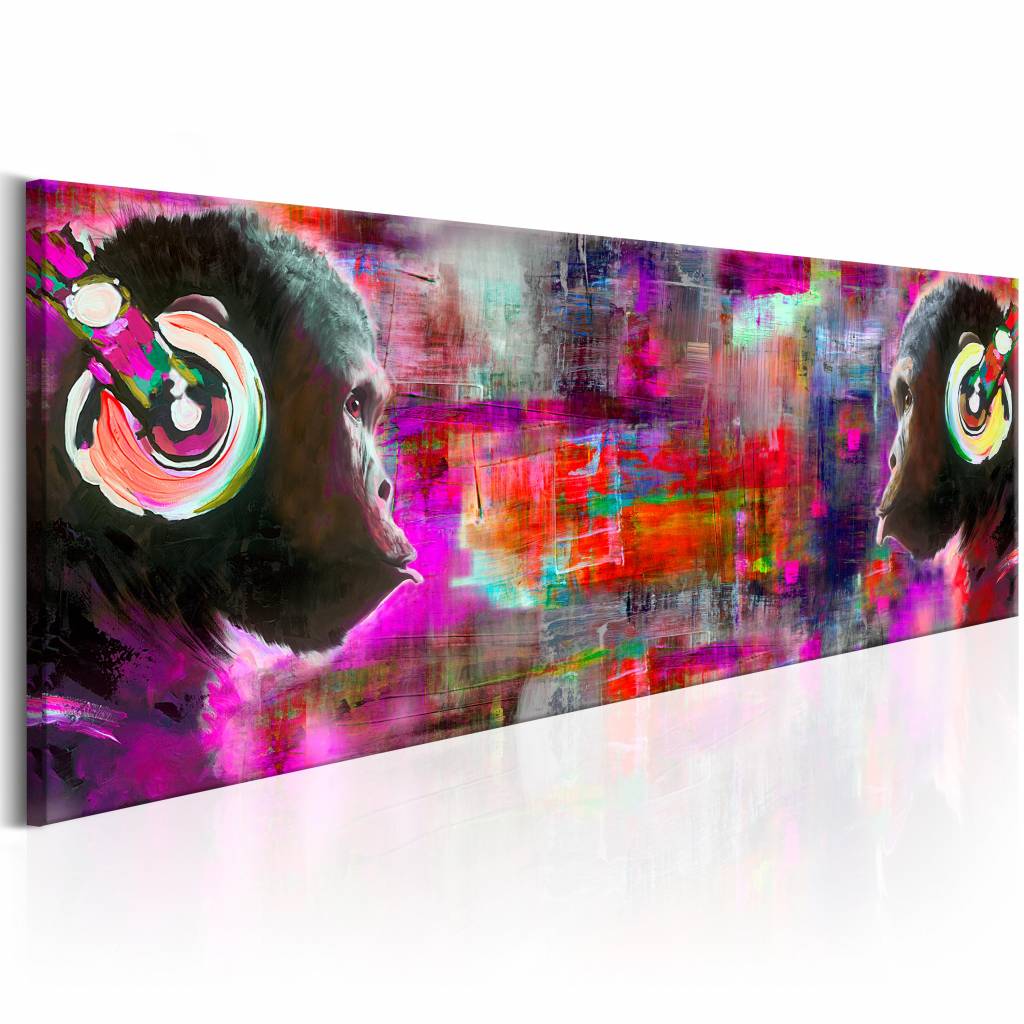 Schilderij - Kleuren van Muziek , aap met koptelefoon , multi kleur, print op echt Italiaans canvas