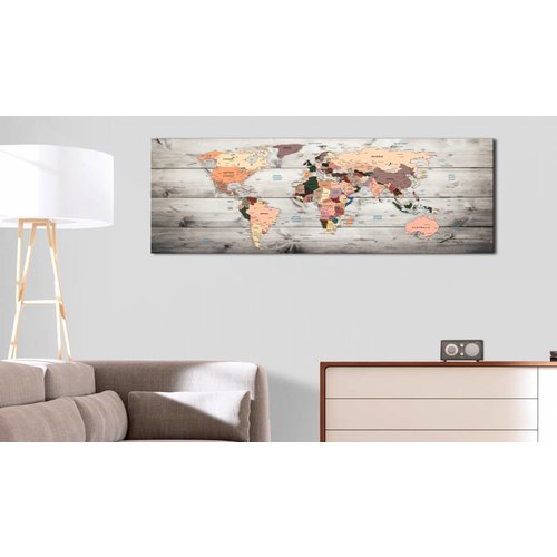 Schilderij - Houten Reis (Canvas) - Wereldkaart  , hout look, print op echt Italiaans canvas, voor woonkamer en slaapkamer