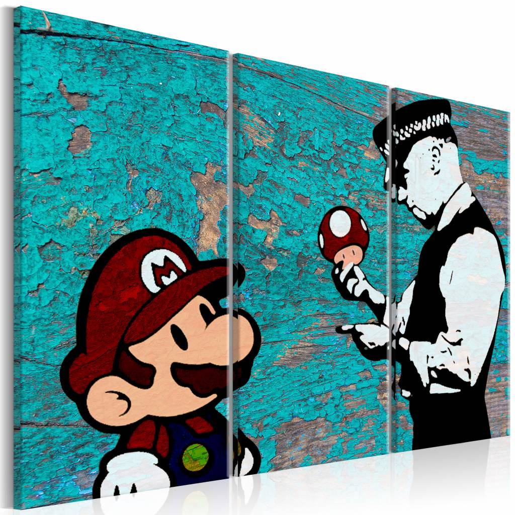 Schilderij - Banksy: Gebarsten verf , mario bros , blauwe muur , 3 luik, print op echt Italiaans can