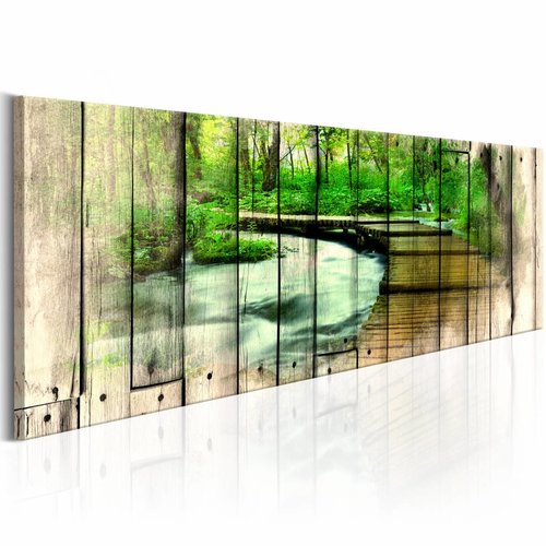 Schilderij - Herinneringen aan het bos , groen bruin , hout look, print op echt Italiaans canvas, in 3 maten, wanddecoratie