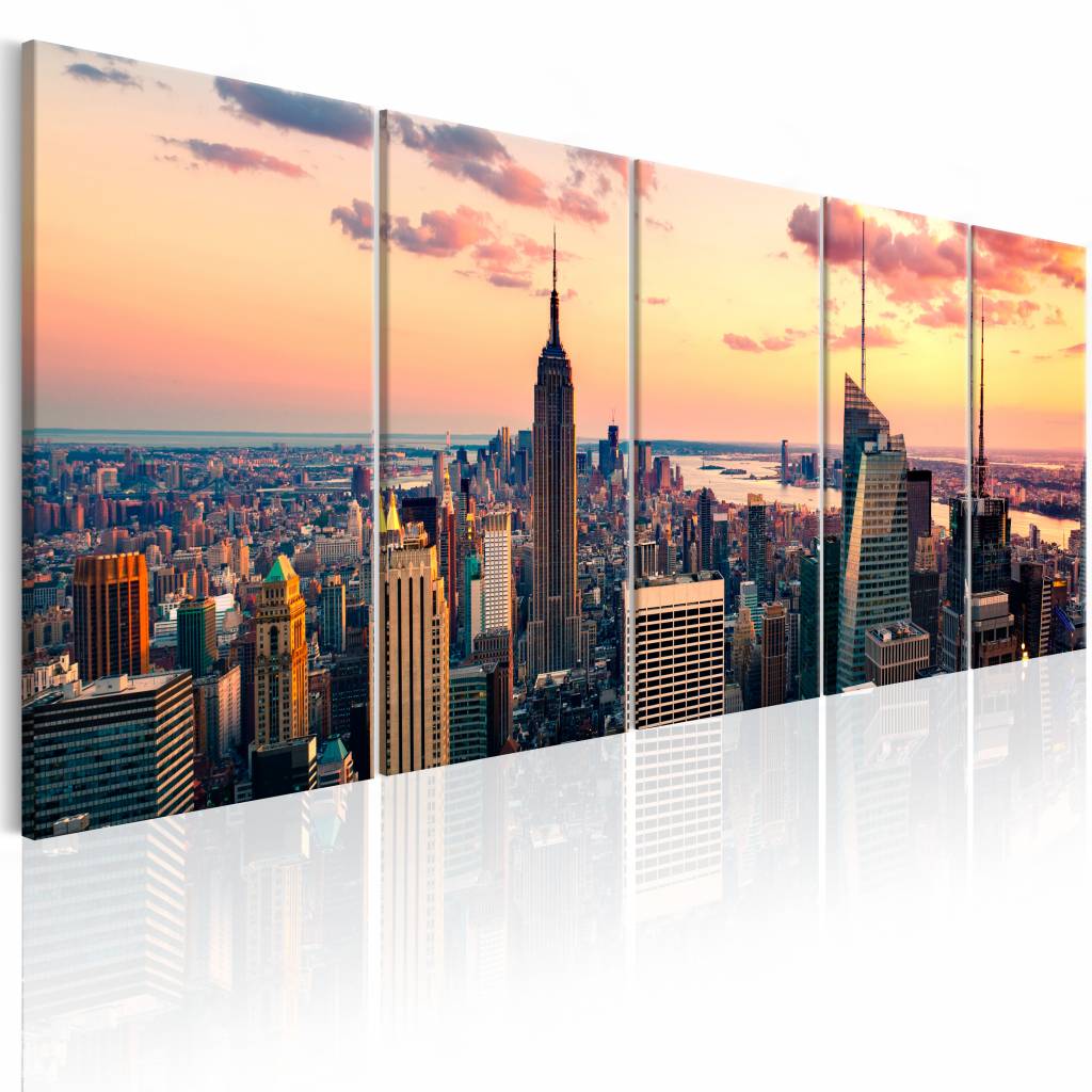 Schilderij - Prachtige Zonsondergang - New York , oranje , 5 luik, print op echt Italiaans canvas, 2 maten, ook XXL, wanddecoratie