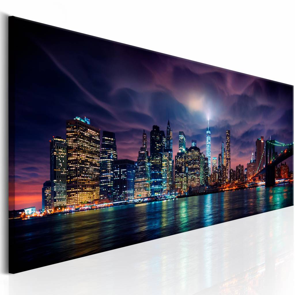 Schilderij - New York: Donkere Stad , multi kleur, print op echt Italiaans canvas, 2 maten, wanddecoratie, Big Apple