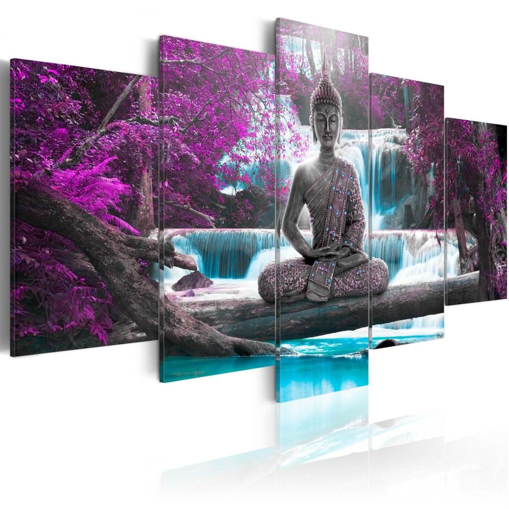 Schilderij - Waterval en Boeddha , 5 luik, paars, print op echt Italiaans canvas, 2 maten, voor woon
