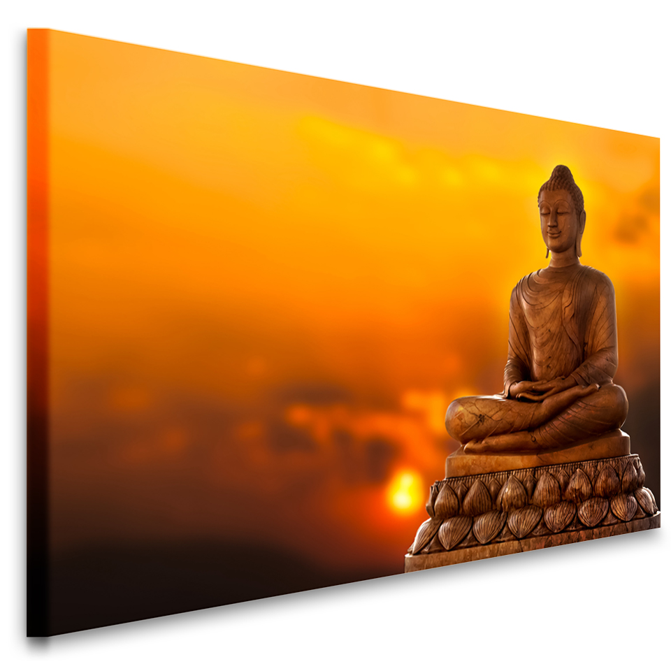 Schilderij - Boeddha beeld bij zonsondergang, premium print, wanddecoratie, zeer stevig verpakt gele