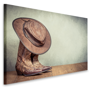 Karo-art Schilderij - Cowboy leven, grappig schilderij van Laarzen en cowboyhoed , wanddecoratie, zeer stevig verpakt geleverd , premium print