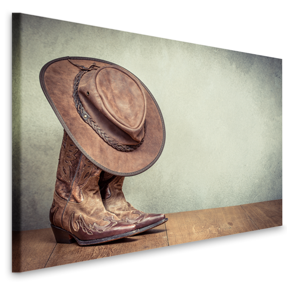 Schilderij - Cowboy leven, grappig schilderij van Laarzen en cowboyhoed , wanddecoratie, zeer stevig verpakt geleverd , premium print