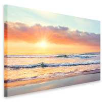 Karo-art Schilderij - Zonsondergang op het strand, prachtig zicht op de Noordzee, premium print in 2 maten, wanddecoratie