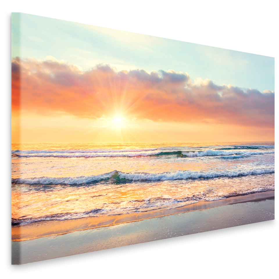 Schilderij - Zonsondergang op het strand, prachtig zicht op de Noordzee, premium print in 2 maten, w