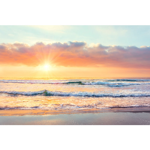 Karo-art Schilderij - Zonsondergang op het strand, prachtig zicht op de Noordzee, premium print in 2 maten, wanddecoratie