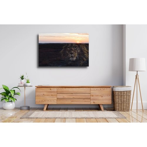 Karo-art Schilderij - Leeuw en zonsondergang, prachtig schilderij in 2 beelden, voor woonkamer en slaapkamer, 2 maten, dieren