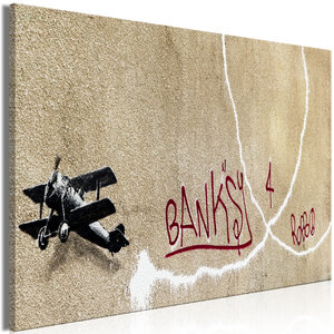 Schilderij - Banksy's Plane (1-part) - Red Graffiti Text on Mural Background