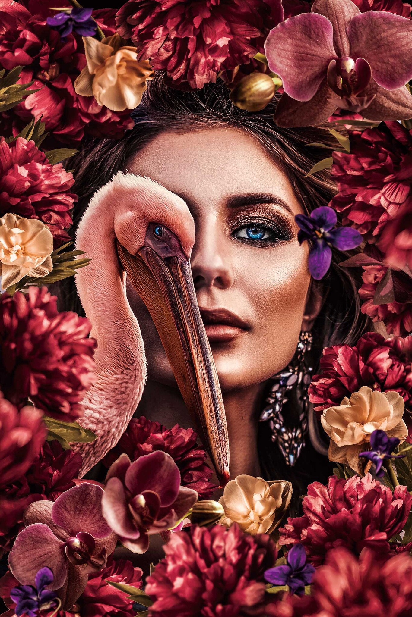 Foto Glas Art - Pelikaan en vrouw omringt door bloemen, multi-gekleurd, prachtig voor in de woon en of slaapkamer, inclusief ophang materiaal. afbeelding