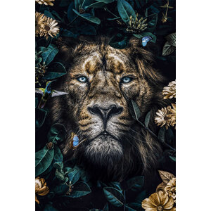 Foto Glas Art - Leeuw tussen bladeren en bloemen,80x120cm, prachtig voor in de woon en of slaapkamer, inclusief ophang materiaal