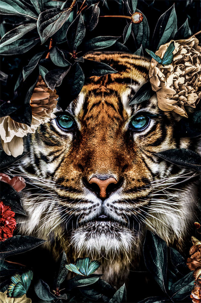 Foto Glas Art - Tijger tussen bladeren en gouden bloemen,80x120cm, prachtig voor in de woon en of slaapkamer, inclusief ophang materiaal. afbeelding