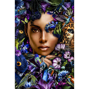 Foto Glas Art - Vrouw tussen dieren en planten blauw/paars,80x120cm, zwart/wit, prachtig voor in de woon en of slaapkamer, inclusief ophang materiaal.