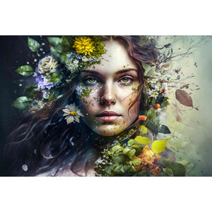 Foto Glas Art -  Vrouw met gekleurde bloemen en bladeren  om haar heen , 80x120, prachtig voor in de woon en of slaapkamer, inclusief ophang materiaal