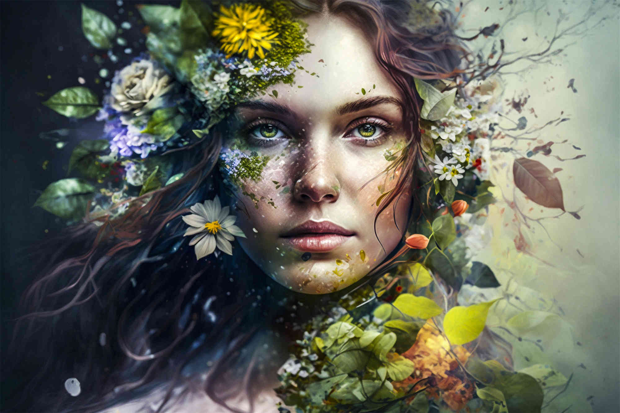 Foto Glas Art - Vrouw met gekleurde bloemen en bladeren om haar heen , 80x120, prachtig voor in de woon en of slaapkamer, inclusief ophang materiaal afbeelding