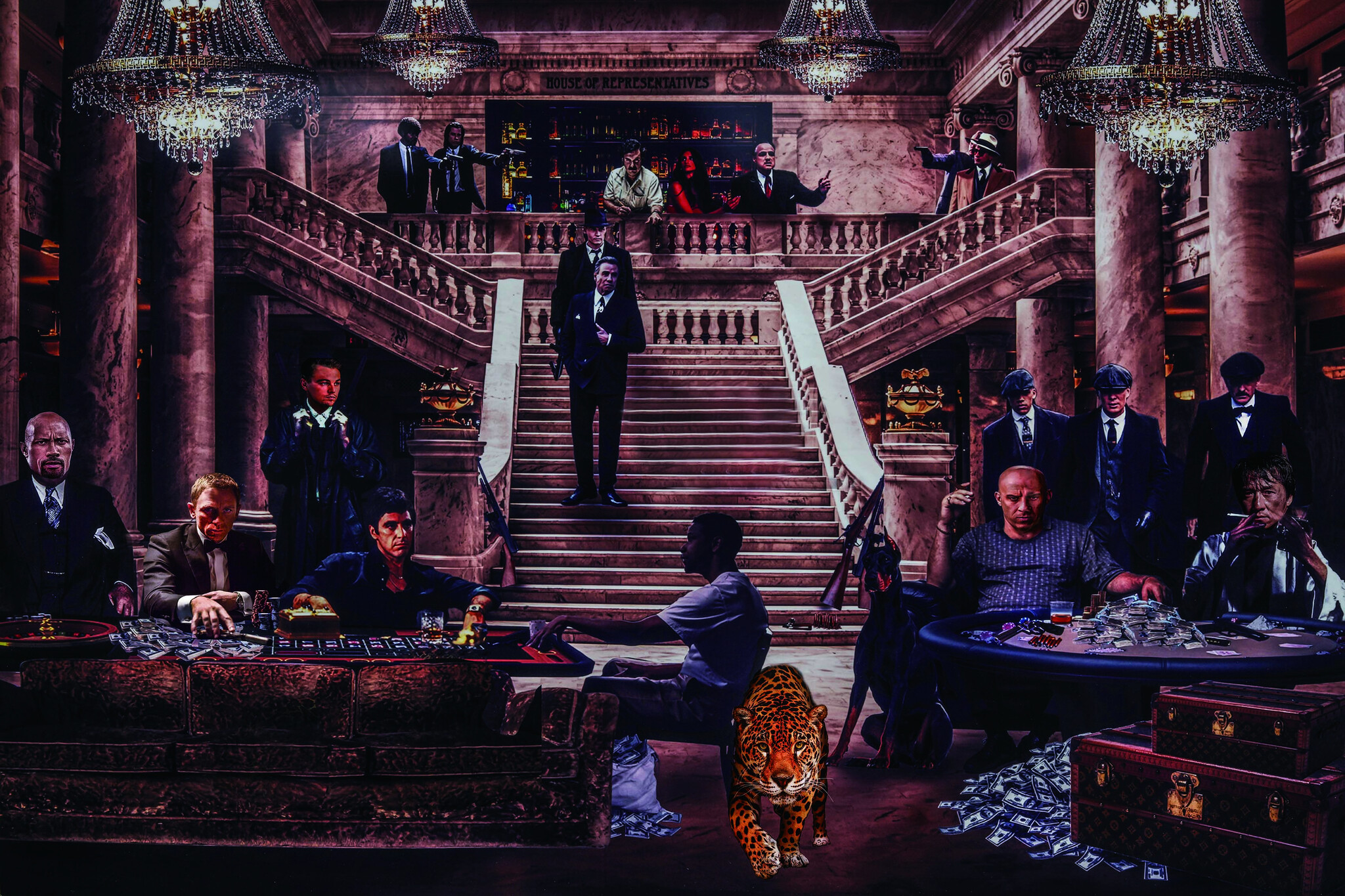 Foto Glas Art - Acteurs uit klassieke misdaadfilms , 80x120, prachtig voor in de woon en of slaapkamer, inclusief ophang materiaal afbeelding
