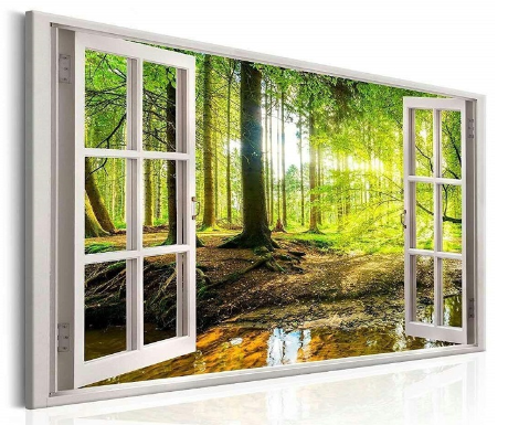 Schilderij Raam Uitzicht op het Bos Ingelijst 120x80cm XXL