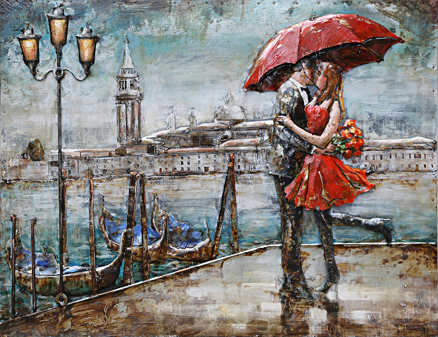 Schilderij - Metaalschilderij - 80x120 cm - Stelletje onder rode paraplu langs water afbeelding