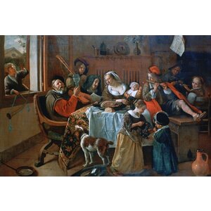 Karo-art Schilderij - Vrolijk huisgezin, Jan Steen,  Museumstuk, wij gebruiken geen filters bij de ouder meesters - 90x60cm