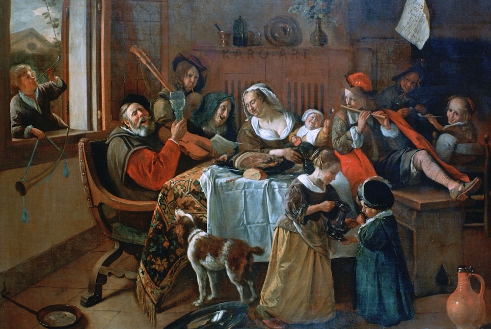 Schilderij - Vrolijk huisgezin, Jan Steen, Museumstuk, wij gebruiken geen filters bij de ouder meesters - 90x60cm afbeelding