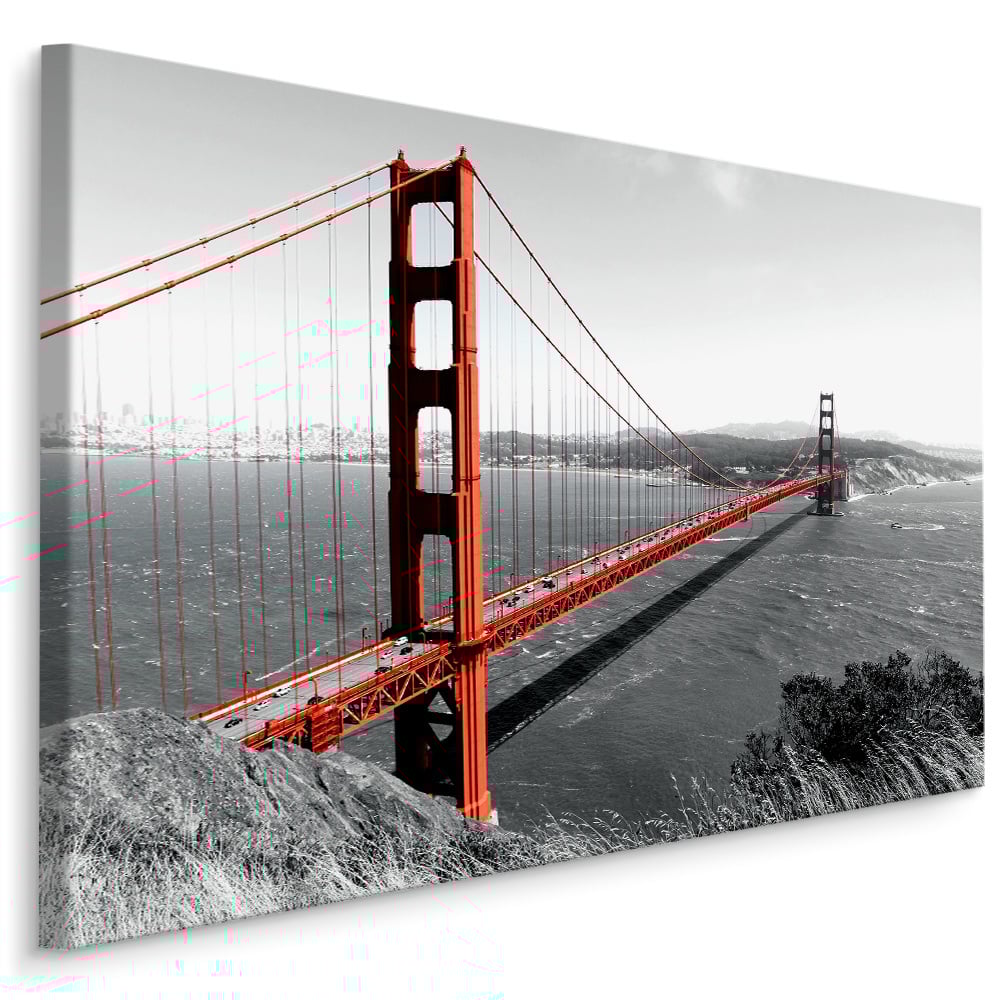 Schilderij - Golden Gate Bridge San Francisco, zwart-wit/rood, scherp geprijsd - 70x100cm afbeelding