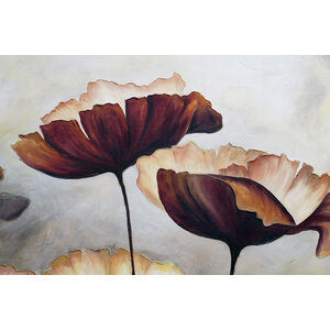 Karo-art Schilderij - Klaprozen (print van handgeschilderd) , Bruin beige , Wanddecoratie - 100x70cm