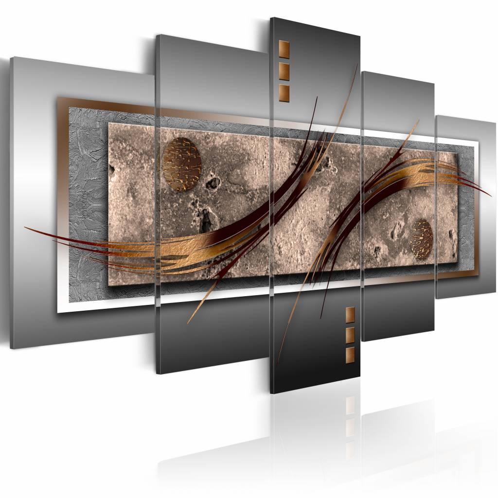 Schilderij - Modern chique, Grijs/Bruin, 5luik, Sierraad aan de muur,, print op echt Italiaans canvas, wanddecoratie - 200x200cm afbeelding