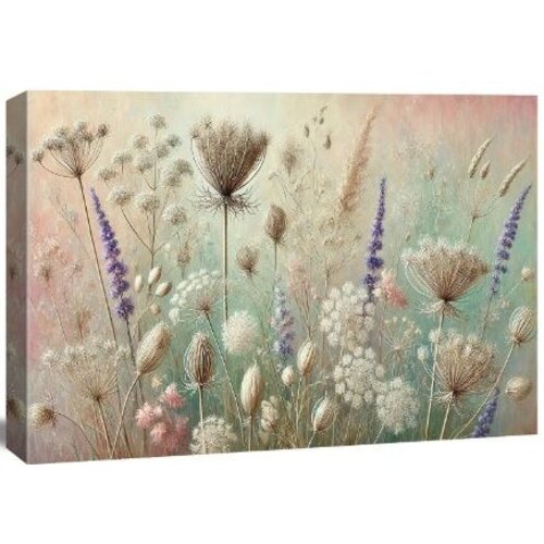 Schilderij - Wilde Bloemen ,kruid weide in pastel tinten, 80X60cm, 1luik