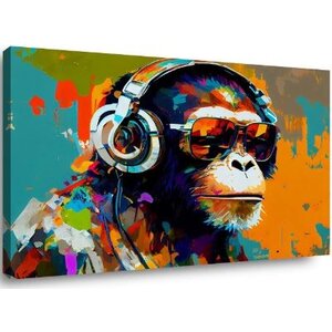 Schilderij - Aap met Koptelefoon, Multi gekleurd, 80X60cm, 1luik