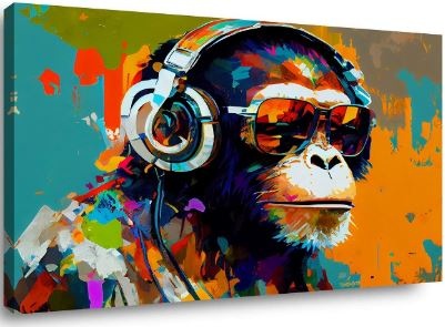 Schilderij - Aap met Koptelefoon, Multi gekleurd, 80X60cm, 1luik Schilderij - Aap met Koptelefoon, Multi gekleurd, 80X60cm, 1luik