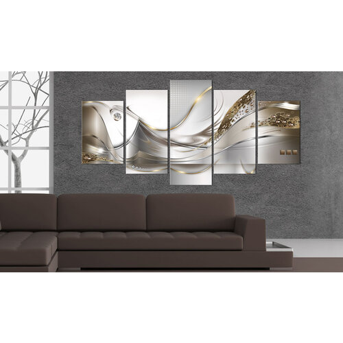 Schilderij - Gouden Vlucht, 5luik, print op echt Italiaans canvas, abstract schilderij, wit en goud, 2 maten, wanddecoratie - Copy
