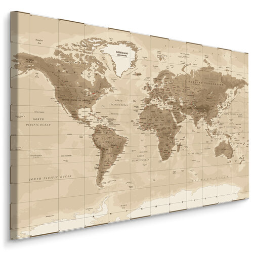 Schilderij -  Beige bruine  Wereldkaart  , Wanddecoratie , Premium print - 100x70